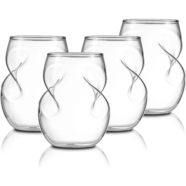 Set med 4 stjälklösa vinglas (11,8 oz vardera), med innovativ spiralformad luftningsdesign, luftar vinet naturligt. Perfekt för röda och vita viner.
