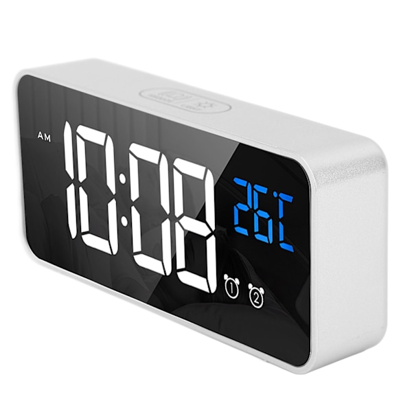 Spegell LED Väckarklocka Två Uppsättningar Alarm Uppladdningsbar Röstaktiverad Digital Klocka för Sovrum Sängbord Skrivbord Silver