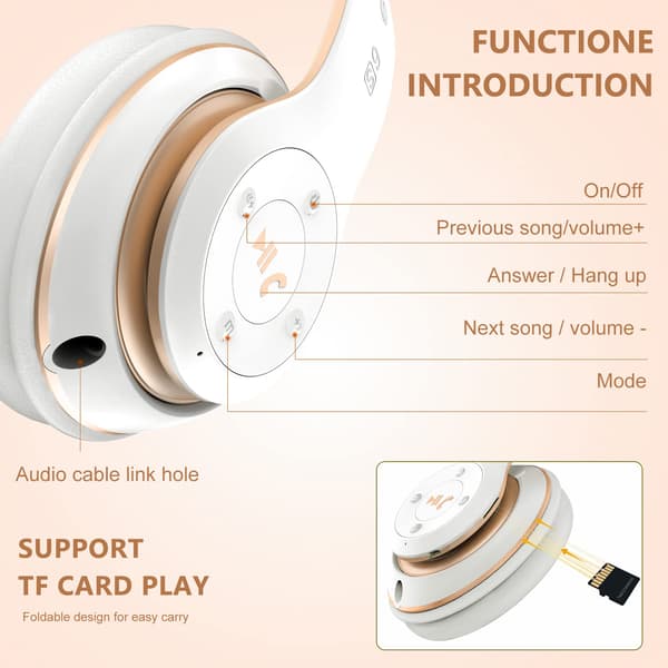Bluetooth-hodetelefoner Over Ear, med HD-mikrofon, FM, TF for PC