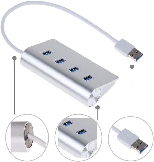 USB 3.0 Hub Splitter Høyhastighets dataoverføring for Mac PC bærbare datamaskiner smarttelefoner nettbrett minnepinner (SØLV)