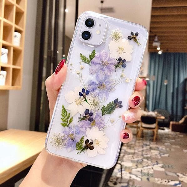 Blomsteretui til iPhone 16 Pro, Blødt TPU Fleksibelt Gummi Presset Tørrede Ægte Blomster Etui Blå Hvid Blomsteretui til iPhone 16 Pro (Marineblå Blomst)