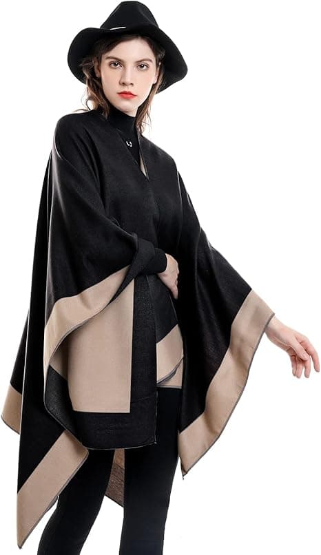 Elegant sjalcape til kvinder, åben front, blød poncho, velegnet til forår, efterår og vinter. Guld+sort gold＋black
