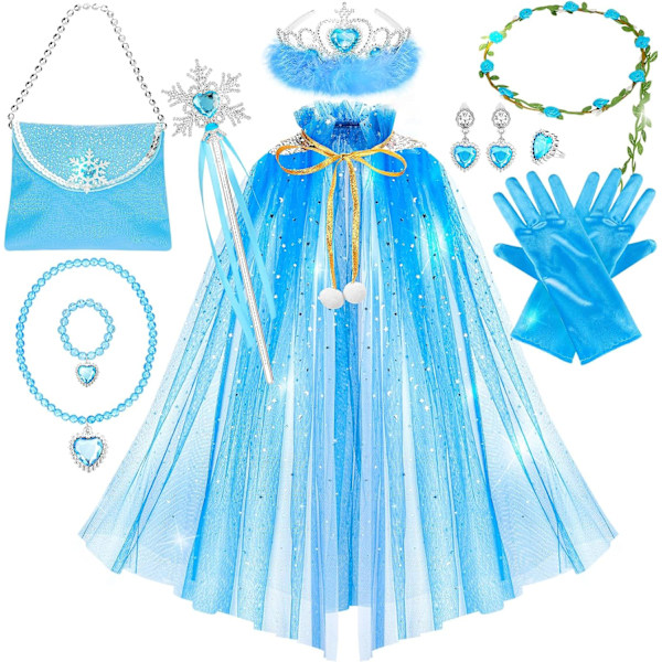 Prinsesscape-set, 12 st Prinsesskläder för Liten Flicka, Prinsessklänningar för Flicka 3-8 År Födelsedagspresent Blue