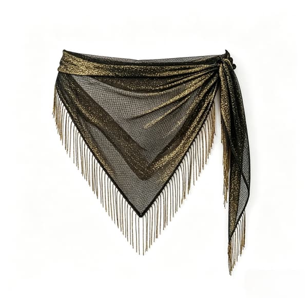 Glittrande fransad sjal – en elegant metallisk axelduk 9