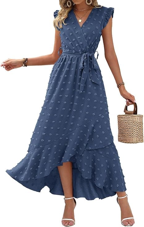 Dam V-ringad Sommarklänning 2025 Kortärmad Swiss Dot Boho Flowy Ruffle Slit Strandfest Lång Maxiklänning Cocktailklänningar L