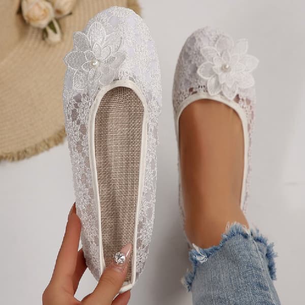 Kvinders blondeblomst balletflade, åndbare runde tå slip-on afslappede flade sko White 37