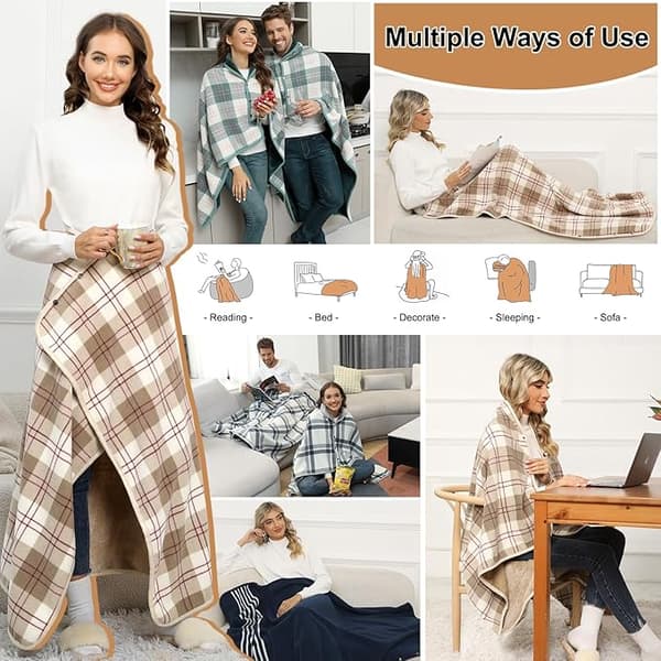 1 stk. fleeceponcho til kvinder, ternet fleecetørklædekappe (Khaki Plaid)