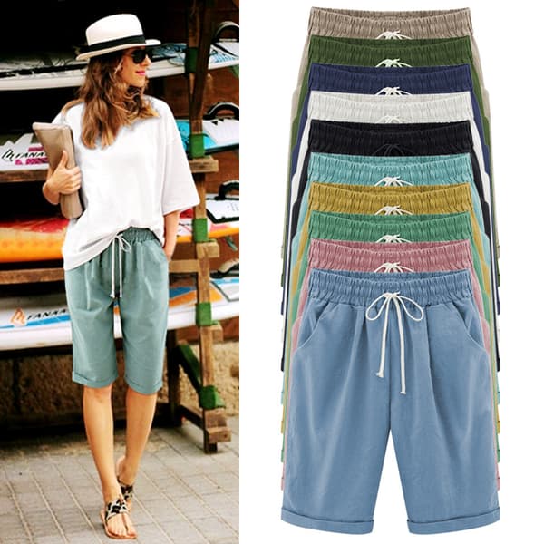 Kvinders bomuldsshorts med blonde og elastisk talje, løs pasform, XL, LYSEBLÅ