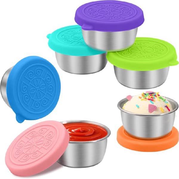 ING Mini madopbevaringsbeholder med låg - Snackboks i rustfrit stål - Take-away sæt 6 salatdressingglas 50ml