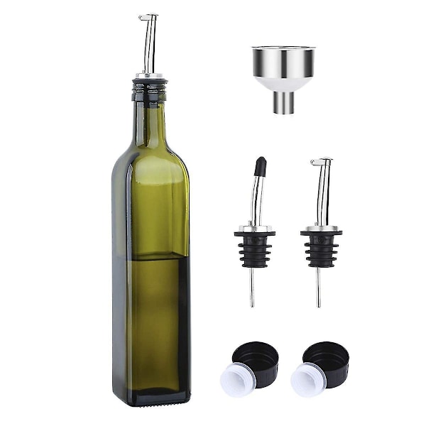 Glas Olivoljeflaska - 500 ml Grön Olje- och Vinägerflaska med Hällpip och Tratt - Olivoljekaraff - F as shown