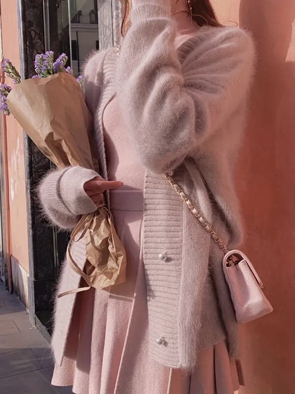 Enfärgad V-ringad kofta, elegant långärmad kofta för höst och vinter, damkläder rosa Pink M