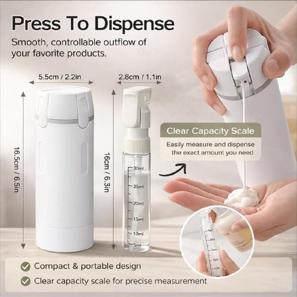 4-i-1 Resedispenser / Dispenserflaskor (4 x 30 ml) – Påfyllningsbar & Bärbar Resedispenser – Med Måttmarkeringar och Etiketter