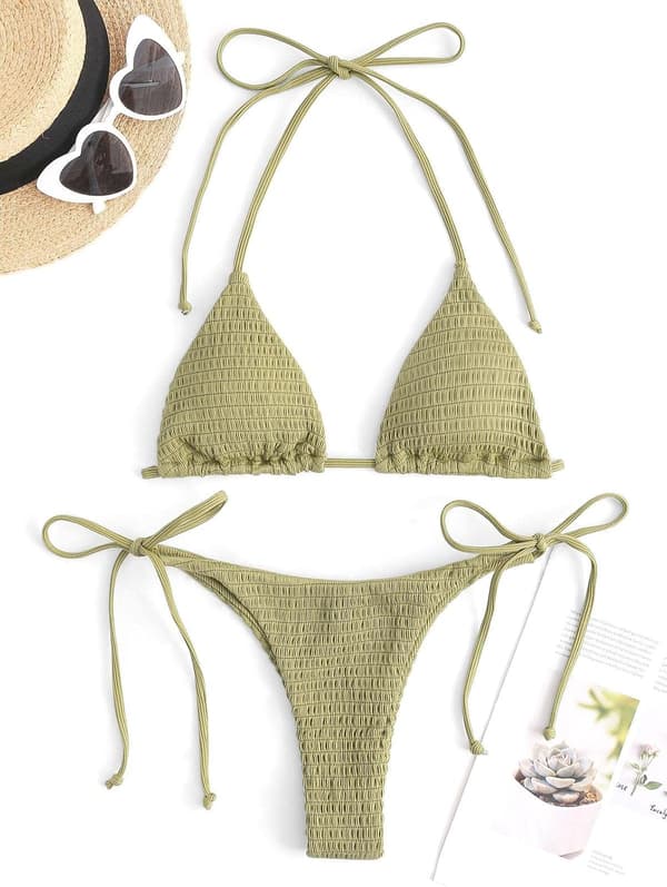 Halter Triangel Bikini til Kvinder Ribbet String Smock Badedragt Cheeky String