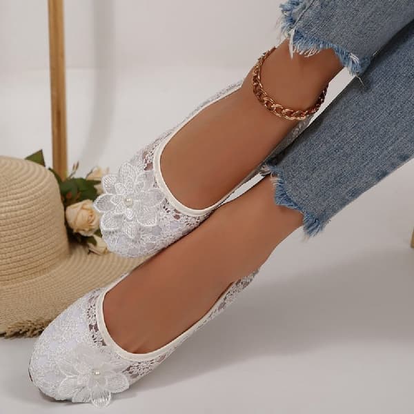 Kvinders blondeblomst balletflade, åndbare runde tå slip-on afslappede flade sko White 37