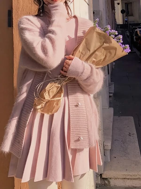 Enfärgad V-ringad kofta, elegant långärmad kofta för höst och vinter, damkläder rosa Pink 2XL
