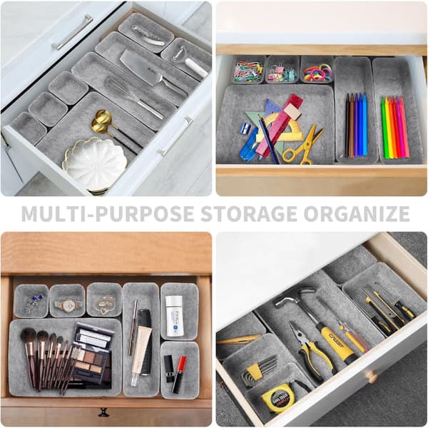 8-pak filt skuffeindsats opbevaringsboks organizer til makeupskuffe, kommode og kontor Light Grey