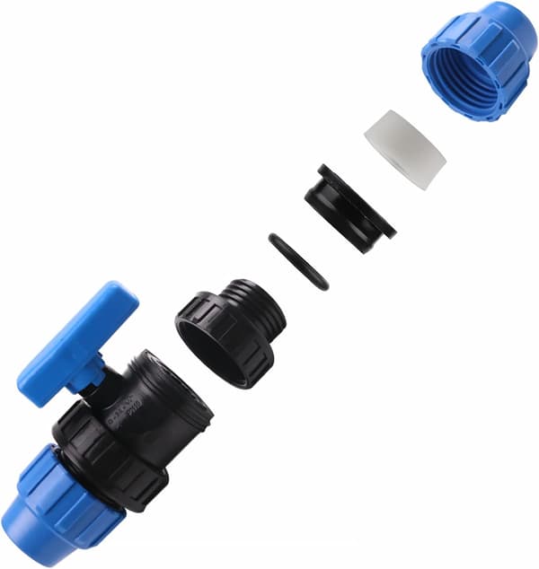 2-pakning kuleventiler med PP-kobling gjenget for PE-rør, 25mm