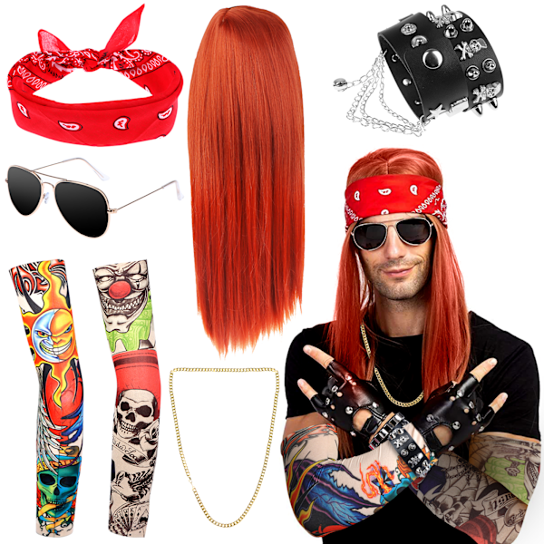 8-pack Rocker Maskerad Tillbehör 70-tal 80-tal 90-tal Kostym Peruk R Black