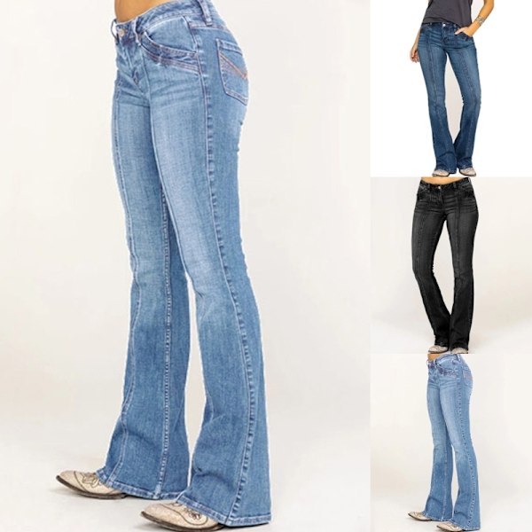 Dam Låga Utsvängda Jeans Stretchiga Jeansbyxor Bell Bottoms Mörkblå Mörkblå Mörkblå S