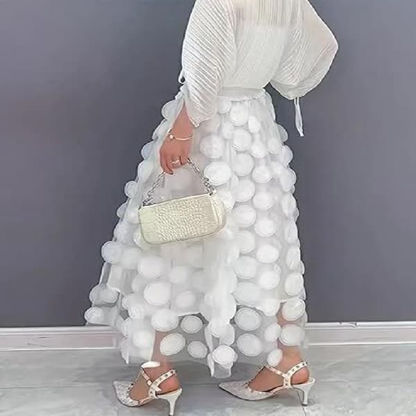 Customs Skjørt Kvinner 3D Polka Dot Mesh Flowy A-Line Midi Skjørt white