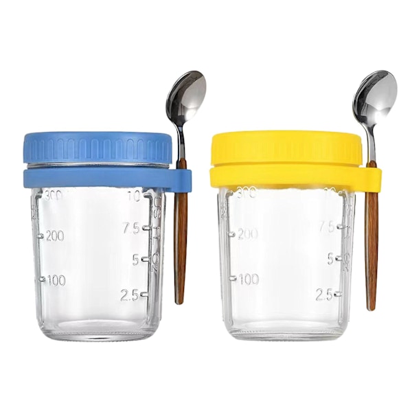 Bästsäljare - Havregrynsmoothieburk Glasbehållare för flingor Go Salladsbehållare Lock Overnight Oats Burkar med Lock och Skedar 2pcs blue and yellow 350ml