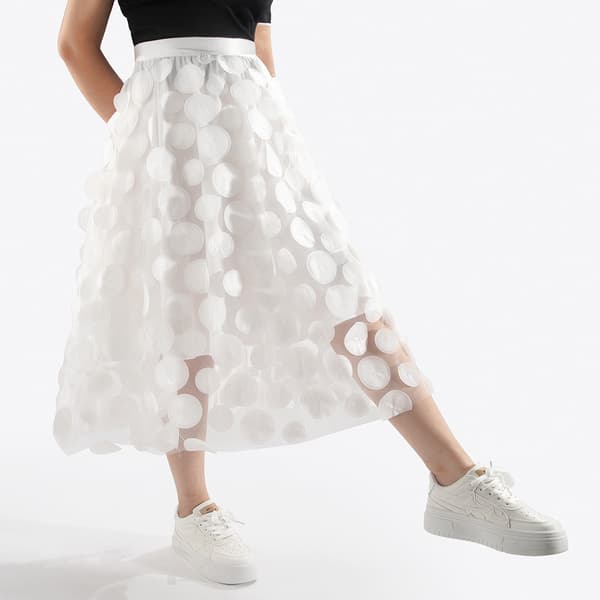 Customs Skjørt Kvinner 3D Polka Dot Mesh Flowy A-Line Midi Skjørt white