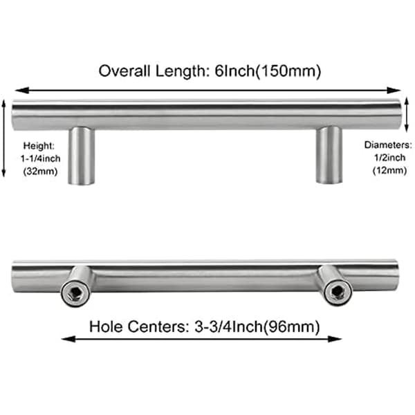10-pak sølv køkkengreb skabsgreb 96 mm hulafstand rustfrit stål Hole distance 128mm