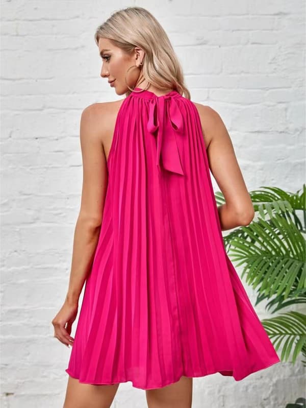 Halter Mini Swing Plissert A-linje Løs Kjole (Rose S)