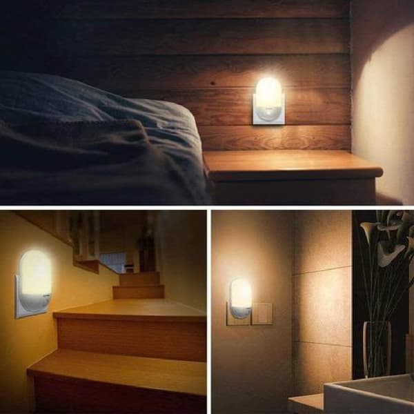 To hvite nattlamper i plast med LED, varmhvitt lys 2700K