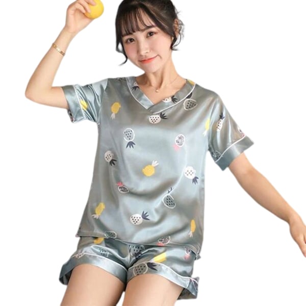 Satinpyjamasset för kvinnor, knappad pyjamasuppsättning med topp och shorts, sidensovkläder för hemmet L