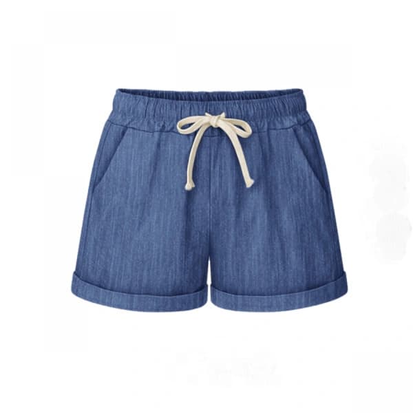 Uformelle bomullsshorts for kvinner med elastisk midje og snøring --- Denimblå (Størrelse XL)