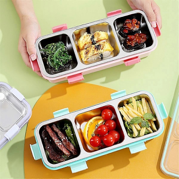 Lunchlåda med 3 Fack, Bento-låda i Rostfritt Stål, Portabel Matförvaringsbehållare för Barn, Läcksäker Snackslåda A Pink
