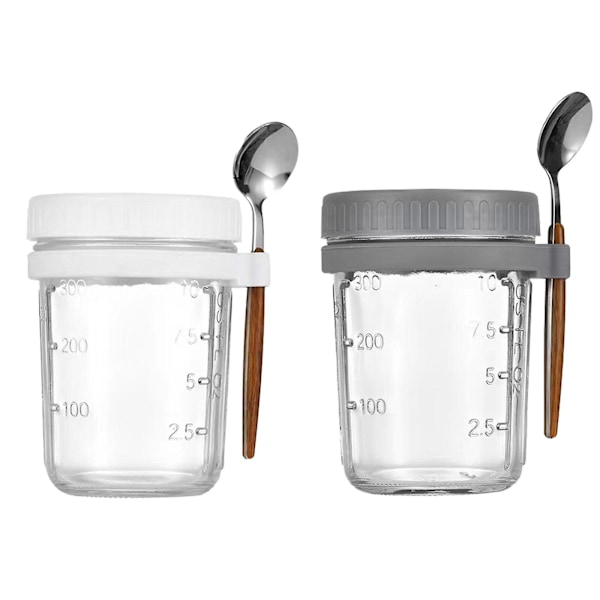 Bästsäljare - Havregrynsmoothieburk Glasbehållare för flingor Go Salladsbehållare Lock Overnight Oats Burkar med Lock och Skedar 2pcs  white and grey 350ml
