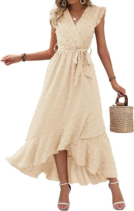 Dam V-ringad Sommarklänning 2025 Kortärmad Swiss Dot Boho Flowy Ruffle Slit Strandfest Lång Maxiklänning Cocktailklänningar M