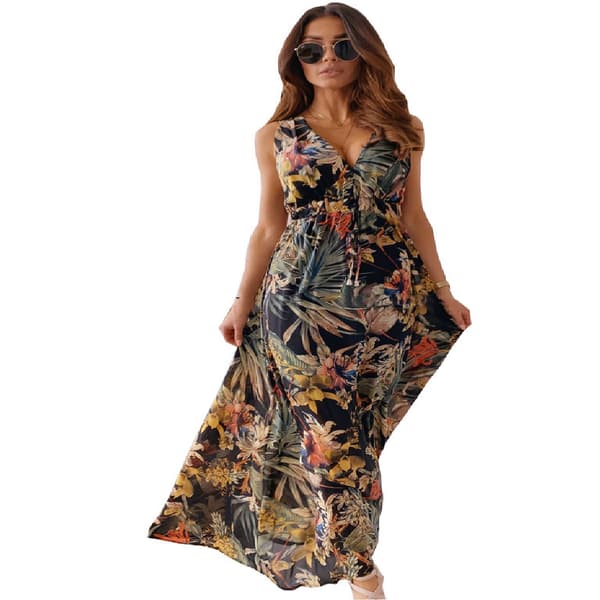 Hotsælgende ny sommerprint rygløs kjole med bindebånd blue M