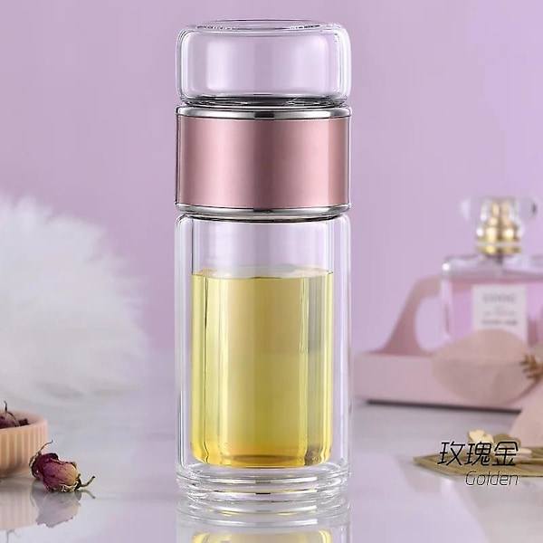 Te Vattenflaska Högt Borosilikatglas Dubbla Lager Te Vattenkopp Infuser Tumbler Dricksartiklar Vatten Pink gold 350ml