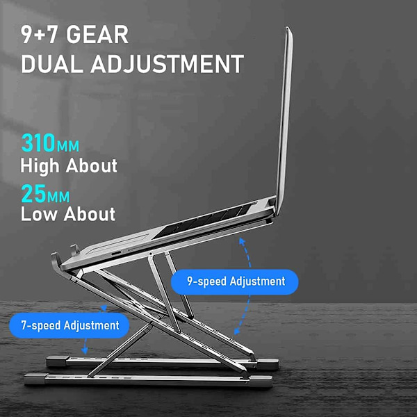 Bärbart laptopställ för skrivbord, lättviktigt aluminium dubbla lager hopfällbart höjd- och vinkeljusterbart ergonomiskt Gray