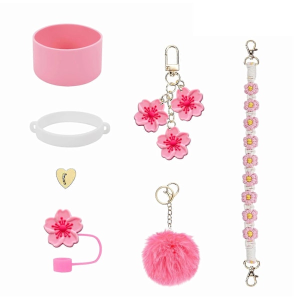 Vattenflaskhylsa Kopp Skyddande Hölje Set för Stanley Silikon Tumbler Hylsa med Handtag Rem Blommiga Berlocker Jikaix Pink