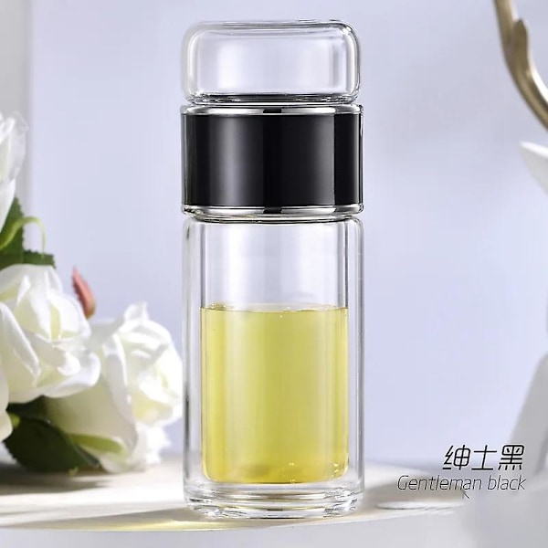Te Vattenflaska Högt Borosilikatglas Dubbla Lager Te Vattenkopp Infuser Tumbler Dricksartiklar Vatten Black 420ml