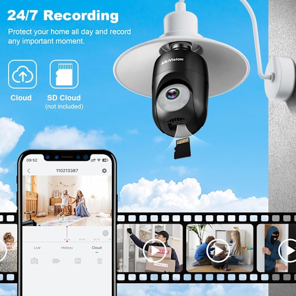 2K Ljuskälla Säkerhetskamera Trådlös Utomhus - 360° AI Rörelsedetekteringskameror för Hemsäkerhet Utomhus, 2.4G Hz, Fullfärg Mörkerseende, Auto Black
