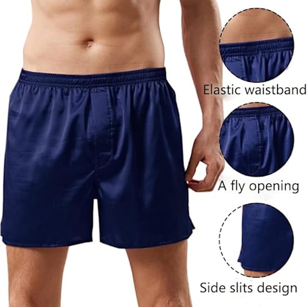 Mäns Satin Boxer Shorts Silke Pyjama Byxor Lounge Sovshorts Blå Blue 2XL
