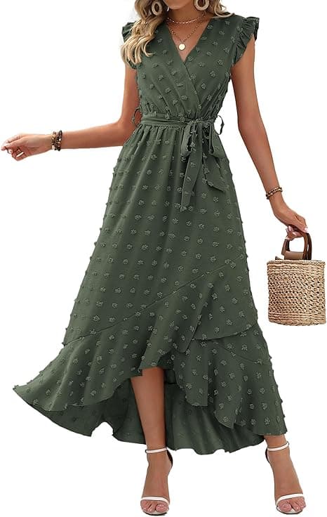 V-ringad sommarklänning 2026 Kortärmad Swiss Dot Boho Flowy Ruffle Slit Beach Party Lång Maxiklänning Cocktailklänningar S