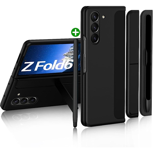 Fodral för Samsung Galaxy Z Fold 6 med S Pen, utbytbar S Pen-hållare & stativ, matt PC, stöttåligt helkroppsskydd black