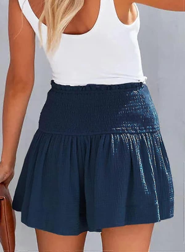 Kvinders Shorts Bomuld Høj Elastisk Talje Plisseret Flæse Søde Shorts Strand Flydende Afslappede Shorts S-XL Blå Blue Medium