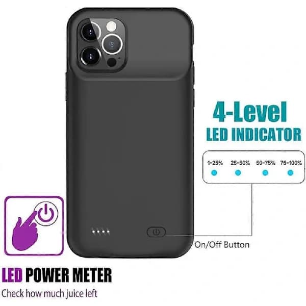 Batterideksel til iPhone 12/12 Pro, [Oppgradert versjon] 6800 mAh oppladbart deksel (svart)