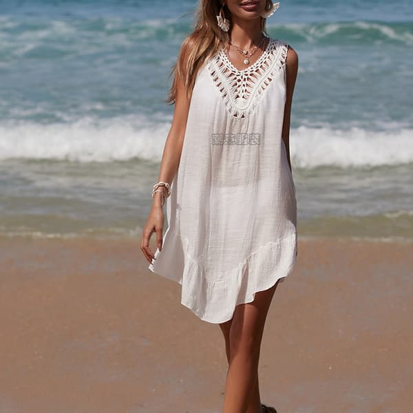 Farverige patchwork pomponer, flæset V-hals pullover, udskåret strand bikini cover-up nederdel 3