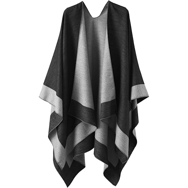Elegant sjalcape til kvinder, åben front, blød poncho, velegnet til forår, efterår og vinter. Sort+grå black＋grey