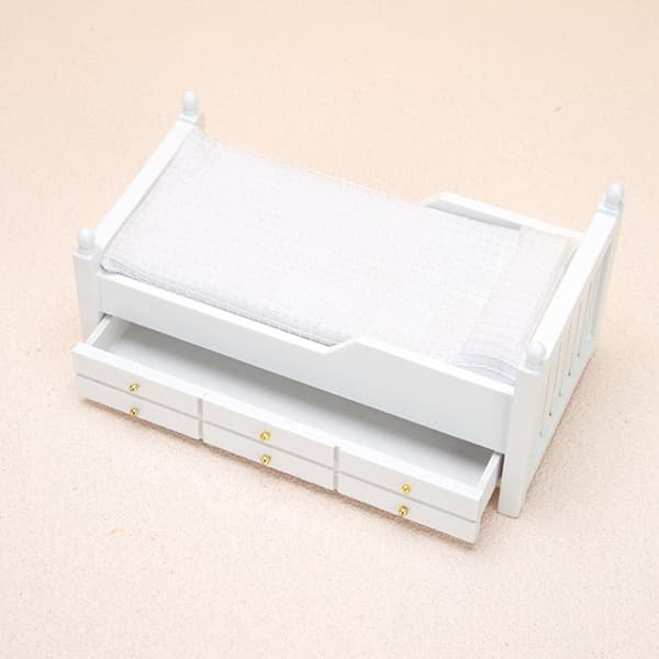 1:12 Dockhus Miniatyr Säng Vit Enkelsäng med Låda Sovrum