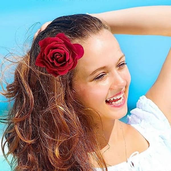 6 röda rosclips röda blomhårnålar rosenbrosch blommiga clips tygrosblommor hårclips