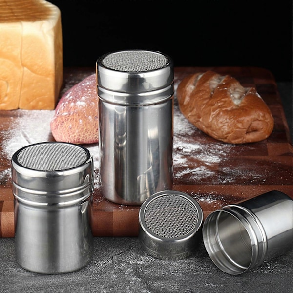Kryddströare i rostfritt stål med lock, fint nät, roterande lock, kryddburk för peppar, kaffepulver, BBQ-krydda, livsmedelsklassad salt- och sockerskakare för utomhusbruk C S